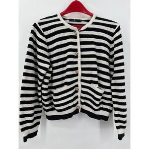 Womens L Striped Cardigan Sweater Black White Gold Statement Buttons Coastal